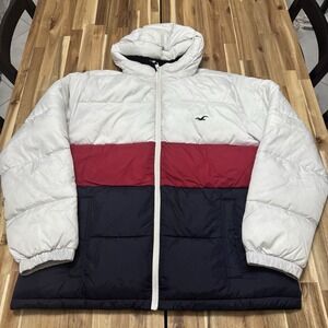 Hollister Puffer Jacket Mens 2XL Tri Color Full Zip Hooded Outdoor Winter Y2K